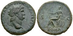 Roman Imperial Nero. Sestertius. 62-68 AD. Rome. (Ric-517). (Bmcre-328). Anv.: IMP NERO CAESAR · AVG · PONT · MAX · TR · POT · P · P, laureate head to right. Rev.: Roma seated to left on cuirass, hold
