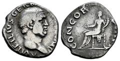 Roman Imperial Vitellius. Denarius. 69 AD. Rome. (Ric-I 66). (Bmcre-1 rsc). Anv.: A VITELLIVS GERM(ANICVS I)MP, bare head to right. Rev.: CONCORDIA P R, Concordia seated to left, holding patera and co