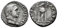 Roman Imperial Vitellius. Denarius. April-December 69 AD. Rome. (Ric-70). (Bmcre-3). Anv.: (A VITELLIVS GER)MANICVS IMP, bare head right. Rev.: XV VIR SACR FAC, tripod-lebes surmounted by dolphin righ