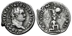 Roman Imperial Titus. Denarius. 79 AD. Rome. (Ric-II 30). (Bmcre-15). (C-274). Anv.: IMP TITVS CAES VESPASIAN AVG P M, laureate head to right. Rev.: TR P VIIII IMP XIIII COS VII, captive, with hands t