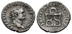 Roman Imperial Titus. Denarius. 80 AD. Rome. (Ric-II 1 108). (Bmcre-66/69). (Rsc-318). Anv.: IMP TITVS CAES VESPASIAN AVG P M, laureate head to right. Rev.: TR P IX IMP XV COS VIII P P, pulvinar (thro