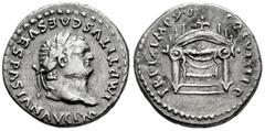 Roman Imperial Titus. Denarius. 80 AD. Rome. (Ric-II 1 119). (Bmcre-51/54). (Rsc-316). Anv.: IMP TITVS CAES VESPASIAN AVG P M, laureate head to right. Rev.: TR P IX IMP XV COS VIII P P, pulvinar (thro
