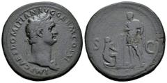 Roman Imperial Domitian. Sestertius. 85 AD. Rome. (Ric-II 1 279). (Bmcre-299). Anv.: IMP CAES DOMITIAN AVG GERM COS XI, laureate head to right, aegis on far shoulder. Rev.: Emperor standing to left, h