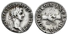 Roman Imperial Nerva. Denarius. 97 AD. Rome. (Ric-14). (Rsc-20). (Bmcre-25). Anv.: IMP NERVA CAES AVG P M TR P COS III P P. Laureate head to right. Rev.: CONCORDIA EXERCITVM. Two clasped hands. Ag. 3,
