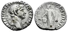 Roman Imperial Trajan. Drachm. 112 AD. Bostra, Arabia. (RPC-III 4073). (Sydenham-Caesarea 184). (Metcalf-15). Anv.: AYTOKP KAIC NЄP TPAIAN CЄB ΓЄPM ΔAK, laureate bust to right, slight drapery on far s