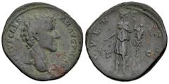 Roman Imperial Marcus Aurelius. Sestertius. 140-144 AD. Rome. (Ric-1233). Anv.: AVRELIVS CAESAR AVG PII F COS. Bare head right. Rev.: IVVENTAS. Juventas standing left, holding branch and trophey; S-C 