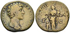 Roman Imperial Marcus Aurelius. Sestertius. 139-161 AD. Rome. (Ric-1280). Anv.: AVRELIVS CAESAR AVG PII F. Bare head to right. Rev.: TR POT III (COS II PIETAS). Pietas standing to left, stretching out