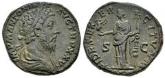 Roman Imperial Marcus Aurelius. Sestertius. 171 d.C. Rome. (Ric-II 998 var. bust). Anv.: IMP M ANTONINVS AVG TR P XXV. Laureate head right. Rev.: FIDES EXERCITVVM, Fides, draped, standing left, holdin