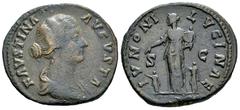 Roman Imperial Faustina Junior. Sestertius. 161-176 AD. Rome. (Ric-III 1649). (Bmcre-918). Anv.: FAVSTINA AVGVSTA, draped bust to right. Rev.: IVNONI LVCINAE, Juno standing to left, holding infant, fl