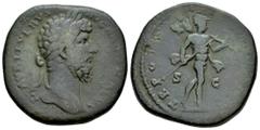 Roman Imperial Lucius Verus. Sestertius. 163-164 AD. Rome. (Ric-III 1420). (Bmcre-1253). (C-182). Anv.: L AVREL VERVS AVG (ARMENIAC)VS, laureate head to right. Rev.: TR POT V (IMP II COS II), Mars adv