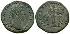 Roman Imperial Lucius Verus. Sestertius. 166 AD. Rome. (Ric-III 1456). (Bmcre-1308). (C-206). Anv.: L VERVS AVG ARM PARTH MAX, laureate head to right. Rev.: TR POT VI IMP IIII COS II, Victory standing