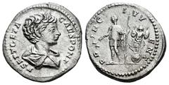 Roman Imperial Geta. Denarius. 202-203 AD. Rome. (Ric-IV 16b). (Bmcre-234 var.). (C-157). Anv.: P SEPT GETA CAES PONT Bare-headed and draped bust of Geta to right. Rev.: PRINC IVVENT Geta, as prince o