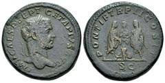 Roman Imperial Geta. Sestertius. 210 AD. Rome. (Ric-156b). (Bmcre-214 note.). (C-145). Anv.: IMP CAES P SEPT GETA PIVS AVG. Laureate head to right. Rev.: PONTIF TR P II COS II. Caracalla and Geta, bot