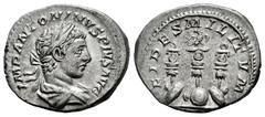 Roman Imperial Elagabalus. Denarius. 220-221 d.C. Rome. (Ric-78). (Rsc-44). Anv.: IMP ANTONINVS PIVS AVG. Laureate and draped bust of Elagabalus to right. Rev.: FIDES MILITVM. Aquila between two signa