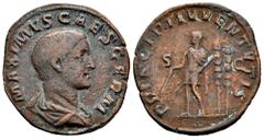 Roman Imperial Maximus. Sestertius. 236-238 AD. Rome. (Ric-IV 13). (Bmcre-213). (C-14). Anv.: MAXIMVS CAES GERM, bare-headed and draped bust to right. Rev.: PRINCIPI IVVENTVTIS, prince standing to lef