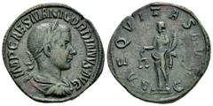 Roman Imperial Gordian III. Sestertius. 240 AD. Rome. (Ric-IV 267a). Anv.: IMP CAES M ANT GORDIANVS AVG, laureate, draped and cuirassed bust to right. Rev.: AEQVITAS AVG, Aequitas standing facing, hea