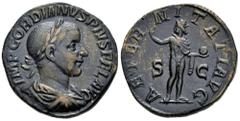 Roman Imperial Gordian III. Sestertius. 240 AD. Rome. (Ric-297a). (C-43). Anv.: IMP GORDIANVS PIVS FEL AVG. Laureate, draped and cuirassed bust right. Rev.: AETERNITATI AVG. Sol standing left, raising