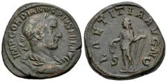 Roman Imperial Gordian III. Sestertius. 241-243 AD. Rome. (Ric-300a). Anv.: IMP GORDIANVS PIVS FEL AVG. Laureate, draped and cuirassed bust of Gordian III to right. Rev.: LAETITIA AVG N, Laetitia stan