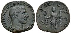 Roman Imperial Philip I. Sestertius. 244-249 AD. Rome. (Ric-IV 172a). (C-59). Anv.: IMP M IVL PHILIPPVS AVG, laureate, draped and cuirassed bust to right. Rev.: (FI)DES EXERCITVS, Fides standing facin
