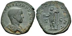 Roman Imperial Philip II. Sestertius. 244-246 AD. Rome. (Ric-IV 256a). Anv.: M IVL PHILIPPVS CAES, bare-headed and draped bust to right. Rev.: PRINCIPI IVVENT, prince standing to left, holding globe a