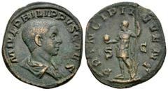 Roman Imperial Philip II. Sestertius. 244-246 AD. Rome. (Ric-IV 256a). Anv.: M IVL PHILIPPVS CAES, bare-headed and draped bust to right. Rev.: PRINCIPI IVVENT, prince standing to left, holding globe a