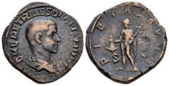 Roman Imperial Herennius Etruscus. Sestertius. 250-251 AD. Rome. (Ric-IV 167a note. (Decius)). Anv.: Q HER ETR MES DECIVS NOB C, bare-headed and draped bust to right. Rev.: PIETAS AVGG, Mercury standi