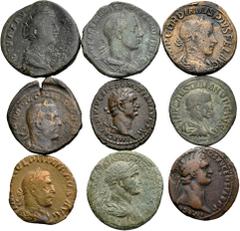 Large Lots Lot of 9 coins from the Roman Empire. Sestertius and As of the next Emperors: Domitian, Trajan, Diva Faustina, Philip I and Alexander Severus. Includes a provincial Ae. Ae. It is essential 