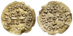 Visigothic Coins Egica and Witiza (698-702). Tremissis. Elvora (Lusitania). (Cnv-750m). (R. Pliego-579.3). (Miles-485e). Anv.: + INDNHEGICΛP+. Rev.: + VVITI(Z inverted)ΛИREGIS. Monogram type Elv.2. Au