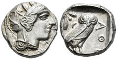 Greek Coins Attica. Athens. Tetradrachm. 454-404 BC. (Kroll-8). (Sng Cop-31). (Hgc-4,1597). Anv.: Head of Athena to right, wearing crested Attic helmet ornamented with three olive leaves above visor a