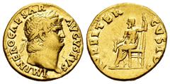 Roman Imperial Nero. Aureus. 64-65 AD. Rome. (Ric-I 52). (Bmcre-67). (Calicó-413). Anv.: IMP NERO CAESAR AVGVSTVS, laureate head to right. Rev.: IVPPITER CVSTOS, Jupiter seated to left, holding thunde