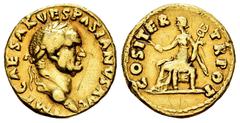 Roman Imperial Vespasian. Aureus. 70 AD. Rome. (Ric-II.1 28). (Bmcre-23-25). (Calicó-607). Anv.: IMP CAESAR VESPASIANVS AVG, laureate head to right. Rev.: COS ITER TR POT, Pax seated to left, holding 