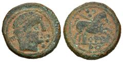 Hispania Antigua / Celtiberian Coins Ecualacos. ¿Semis?. 120-20 a.C. (Abh-973). (Acip-1850). Anv.: Cabeza masculina diademada a derecha, detrás letra ibérica E y delante tres puntos. Rev.: Caballo sal