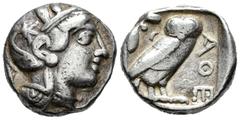 Greek Coins / Grecia Antigua Ática. Tetradracma-Tetradrachm. 480-407 a.C. Atenas. (Cy-2019). (Gc-2526). Anv.: Cabeza de Atenea con casco a derecha. Rev.: Lechuza a derecha, mirando de frente, detrás r