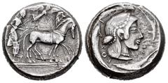 Grecia Antigua / Greek Coins Sicilia. Siracusa. Tetradracma. 485-466 a.C. (Pozzi-558). (Cy-897). Anv.: Anepígrafa, Biga al paso a derecha, conducida por un auriga con riendas y fusta; los caballos est