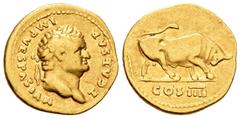 Imperio Romano / Roman Imperial Tito. Áureo. 75 d.C. Roma. (Spink-2415). (Ric-181). (Cal-731). Anv.: T CAESAR IMP VESPASIAN. Busto laureado a derecha. Rev.: COS IIII. Toro embistiendo a derecha. Au. 7