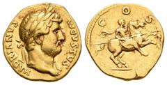 Imperio Romano / Roman Imperial Adriano. Áureo. 125-128 d.C. Roma. (Ric-187d). (Cal-1224a). Anv.: HADRIANVS AVGVSTVS. Busto laureado a derecha. Rev.: COS III. El emperador galopando a derecha con lanz