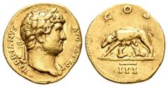 Imperio Romano / Roman Imperial Adriano. Áureo. 125-128 d.C. (Ric-193d). (Cal-1233a). Anv.: HADRIANVS AVGVSTVS. Busto laureado a derecha. Rev.: COS III. Loba a izquierda mamantando a Rómulo y Remo. Au