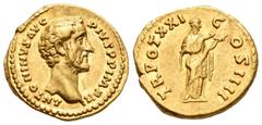 Imperio Romano / Roman Imperial Antonino Pío. Áureo. 157-158 d.C. Roma. (Ric-279a). (Cal-1683). Anv.: ANTONINVS AVG PIVS P P IMP II. Busto laureado a derecha. Rev.: TR POT XXI COS IIII. Salus en pie a