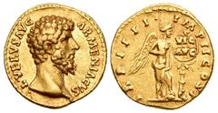 Imperio Romano / Roman Imperial Lucio Vero. Áureo. 163-164 d.C. Roma. (Ric-522). (Ch-248). (Cal-2174). Anv.: L VERVS AVG ARMENIACVS. Busto desnudo a derecha. Rev.: TR P IIII IMP II COS II. Victoria en