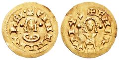 Monedas Visigodas / Visigothic Coins Chintila (636-639). Tremissis. Emerita (Mérida). (Cnv-383.5). Anv.: +CINTHILAREx. Busto de frente con glóbulo a cada lado. Rev.: +EMERI|T|APIVS. Busto de frente co