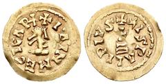 Monedas Visigodas / Visigothic Coins Egica (687-702). Tremissis. Ispali (Sevilla). (Cnv-516). Anv.: Busto a derecha, alrededor +I.Δ.INMEGICARX. Rev.: Cruz sobre gradas, alrededor +*ISPALIPIVS. Au. 1,4