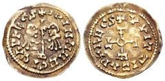Monedas Visigodas / Visigothic Coins Egica y Witiza (698-702). Tremissis. Toleto (Toledo). (Cnv-571.23). Anv.: Bustos enfrentados de los reyes sosteniendo cruz sobre vástago, alrtedeor +IDINMNEGICARX(