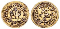 Monedas Visigodas / Visigothic Coins Egica y Witiza (698-702). Tremissis. Gerunda. (Cnv-588.8). Anv.: +.ND.N.H.N.EGICARXRX.G:. Bustos enfrentados de Egica y Witiza, entre ellas cruz patada con vástago