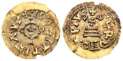 Monedas Visigodas / Visigothic Coins Wittiza (700-710). Tremissis. Gerunda. (Cnv-628.1). Anv.: +·ND·VVITTIZAP+. Rev.: +GERVNOAPIVS. Au. 1,02 g. Finas grietas. Muy rara. EBC-. Est...6000,00. Wittiza (7