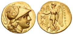 Grecia Antigua / Greek Coins Imperio Macedonio. Alejandro III Magno. Estátera - Stater. 336-323 a.C. (Cy-1240). (Müller-381). Anv.: Cabeza de Atenea a derecha, con casco corintio adornado de una serpi