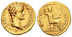 Roman Imperial Tiberius. Áureo. 14-37 d.C. Lugdunum. (Ric-27 variante). (Cal-305a). (Ch-15). Anv.: TI CAESAR DIVI (AVG F) AVGVSTVS. Cabeza laureada de Tiberio a derecha. Rev.: PONTIF MAXIM. Livia (com