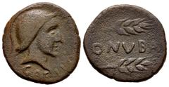 Ancient Hispania Onuba. Semis. 50 a.C. Huelva. (Abh-1896). (Acip-2417). (C-3). Rev.: Dos espigas tumbadas a derecha y entre ellas ONVBA . Ae. 6,48 g. Rara. MBC-. Est...120,00. English: Onuba. Semis. 5