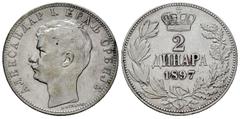 Serbia Serbia. Alejandro I. 2 dinara. 1897. (Km-22). Ag. 10,01 g. MBC-/MBC. Est...15,00. English: Serbia. Alexander I. 2 dinara. 1897. (Km-22). Ag. 10,01 g. Almost VF/VF. Est...15,00.