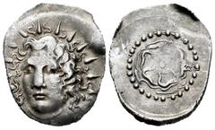 Grecia Antigua / Greek Coins Caria. Rodas. Dracma. Circa 42-14 a.C. (Bmc-334). Anv.: Cabeza radiada de Helios de frente. Rev.: Rosa abierta vista desde arriba, semilla a la izquierda, todo dentro de o