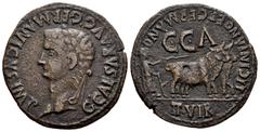 Hispania Antigua / Ancient Hispania Caesar Augusta. As. 37-41 a.C. Zaragoza. (Abh-391). (Acip-3100). Anv.: Cabeza laureada de Calígula a izquierda alrededor G CAESAR AVG GARMANICVS IMP. Rev.: Yunta a 